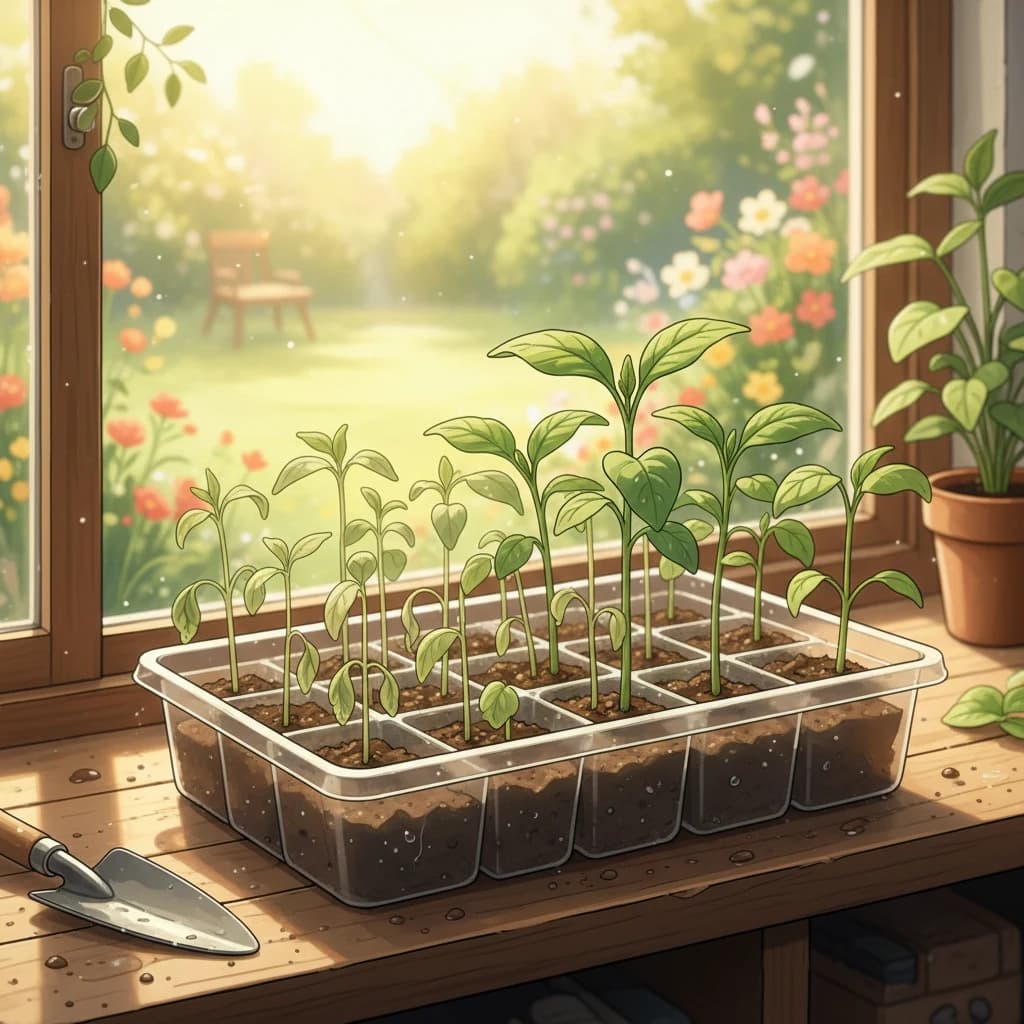 A tray of young seedlings on a sunny windowsill, some slightly wilted, others lush and upright, soft morning light