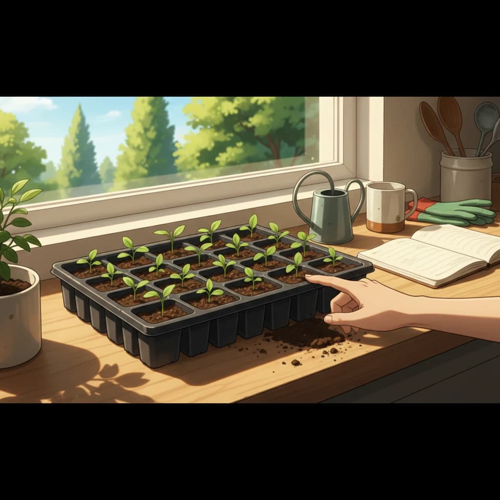 Photorealistic close-up photograph, a finger pressing gently into dark, moist seedling potting mix in a small cell tray, natural daylight