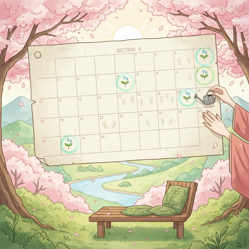A 2D anime-style illustration of a young person checking a seedling tray on a bright kitchen counter, checking soil with one finger, morning light streaming through a window