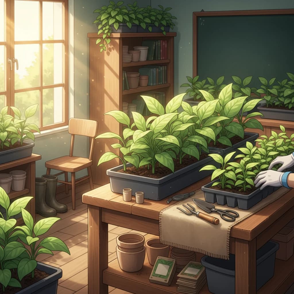 A 2D anime-style illustration of two side-by-side seedling pots — one with yellowing droopy leaves (overwatered) and one with crispy curled leaf edges (underwatered), clear labels visible on a rustic wooden shelf, rich colors