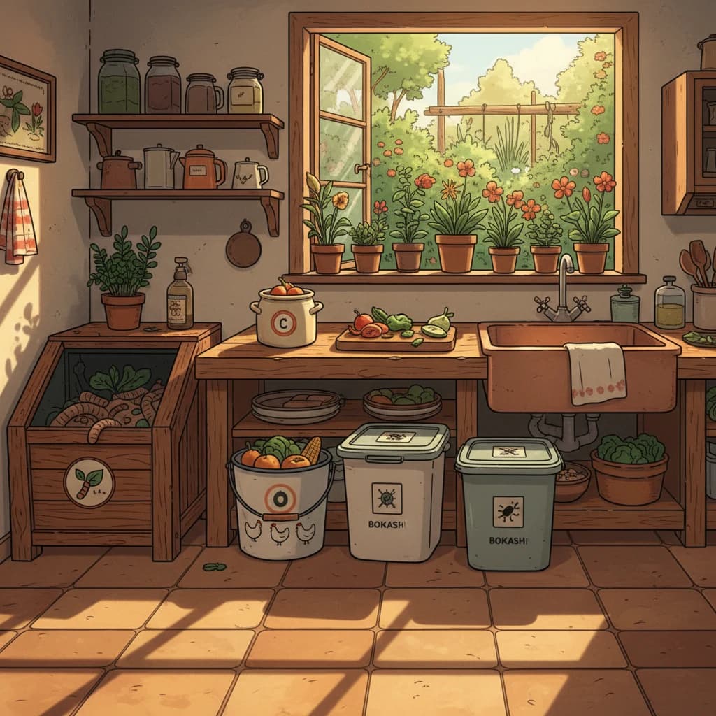 A kitchen with a clear path from food scraps to multiple destinations — a worm