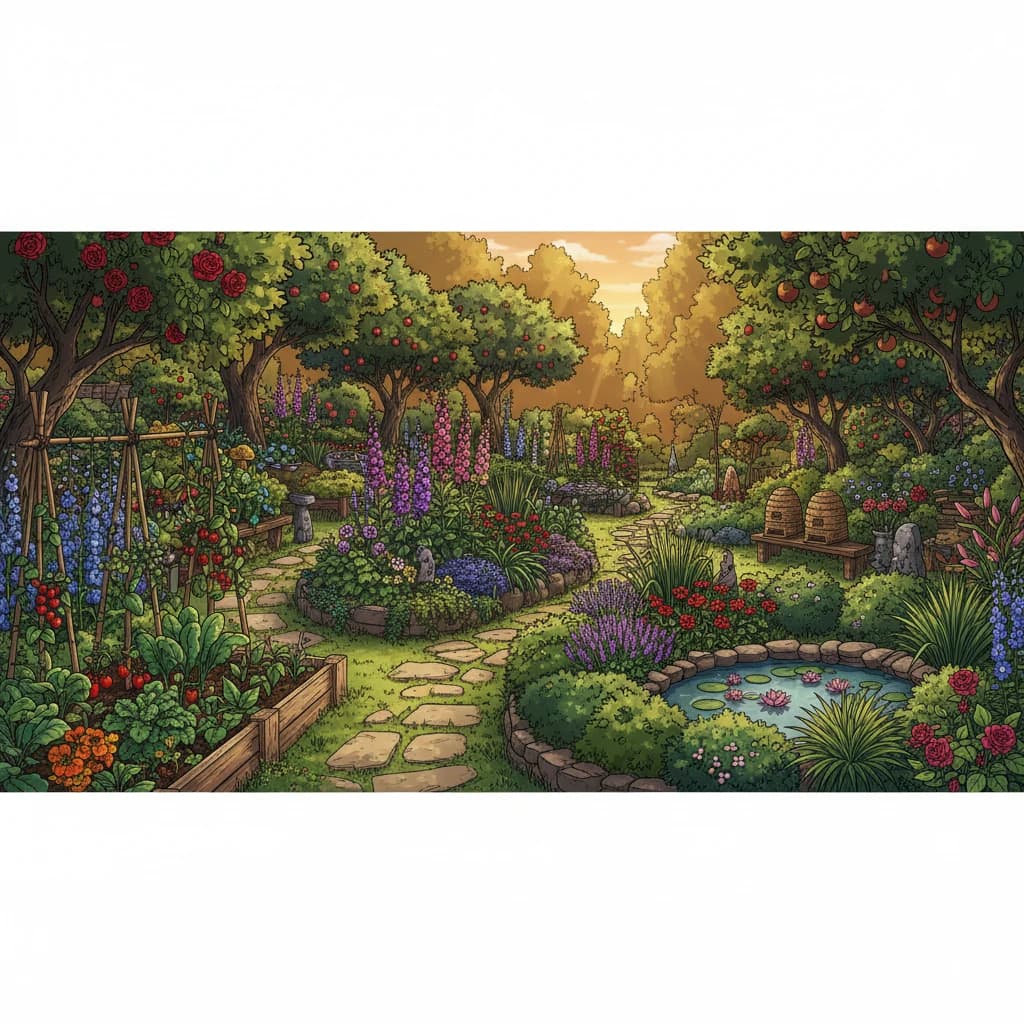 A garden five years into a small-and-slow approach — visibly mature, abundant