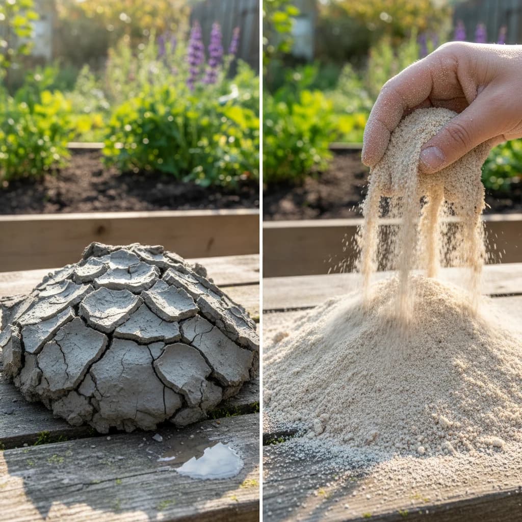 Side-by-side close-up of compacted clay soil vs loose sandy soil