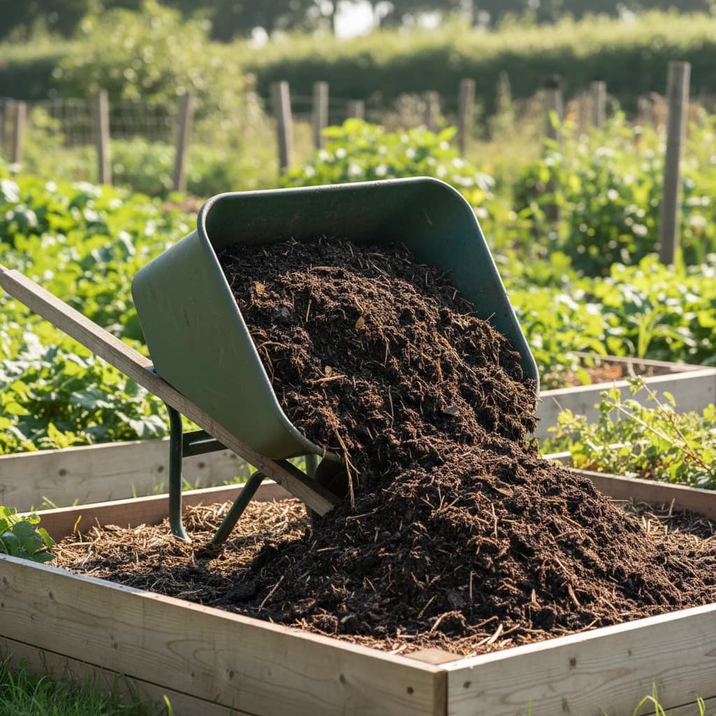 A wheelbarrow of dark, finished compost being spread on a garden bed
