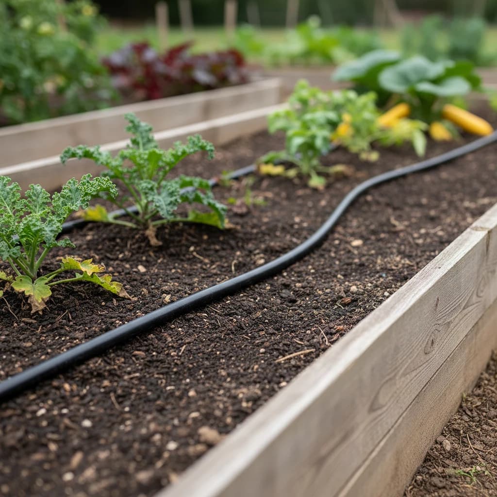 Close-up of half-inch black drip line running along the perimeter of a garden