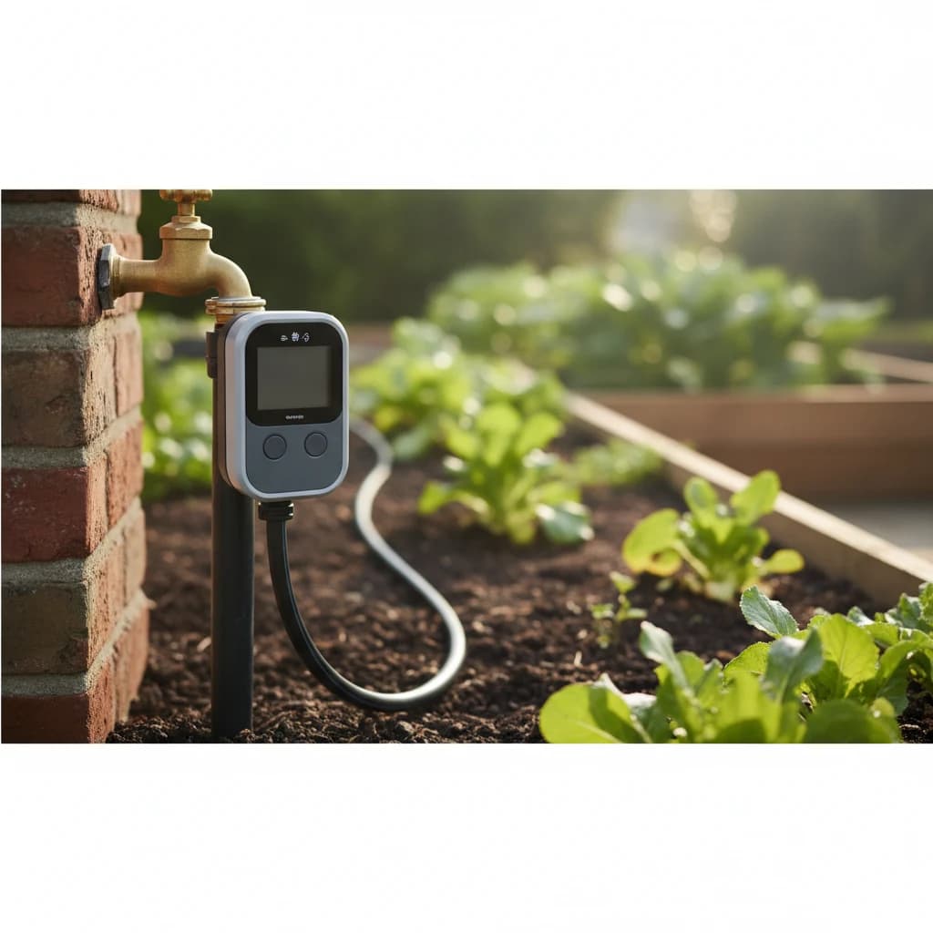 Smart drip timer mounted next to an outdoor tap