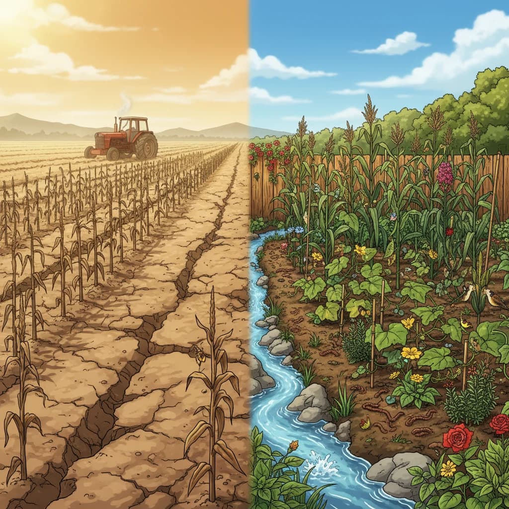 A split image — a depleted conventional farm field next to a thriving