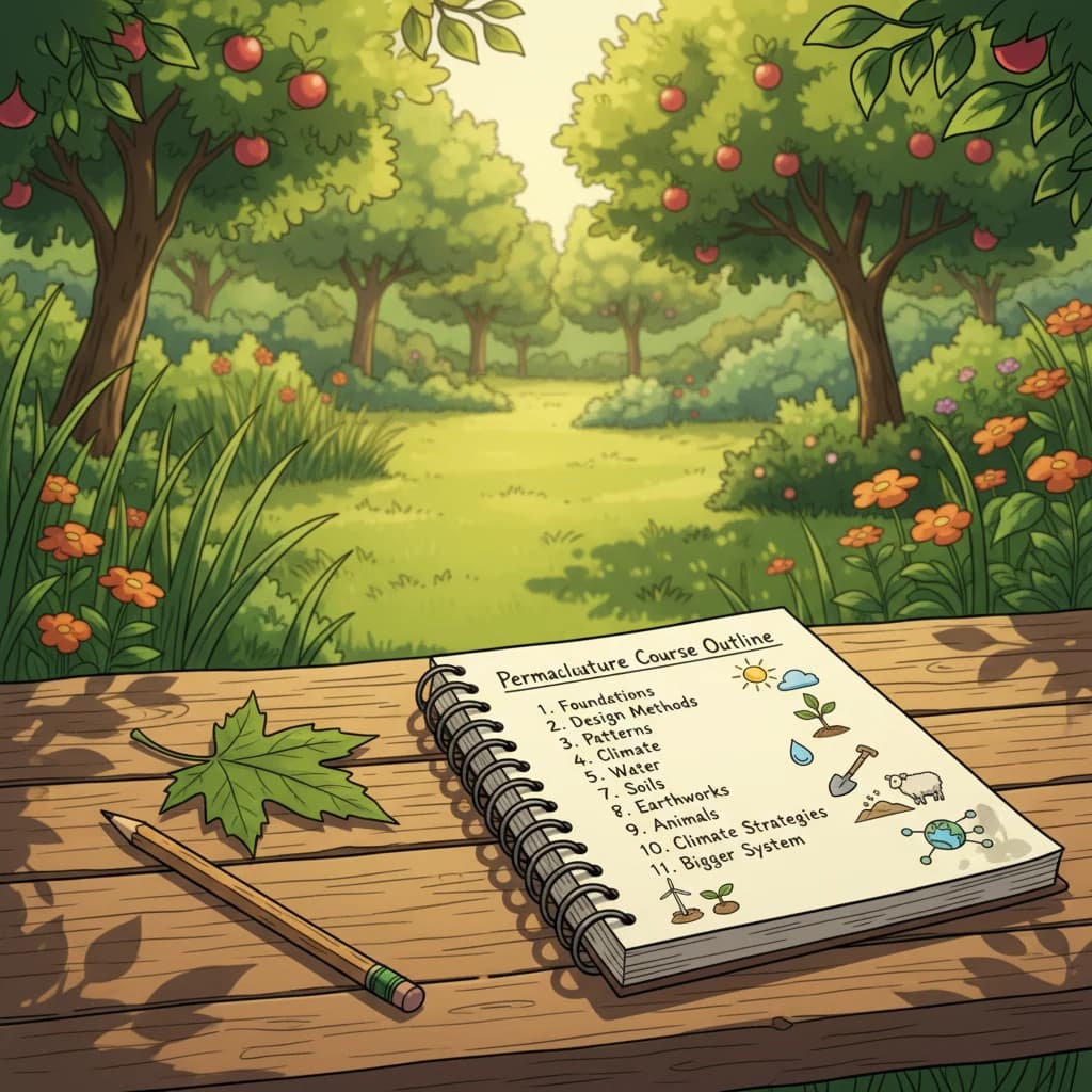 An open notebook with the 11-level permaculture course outline drawn out