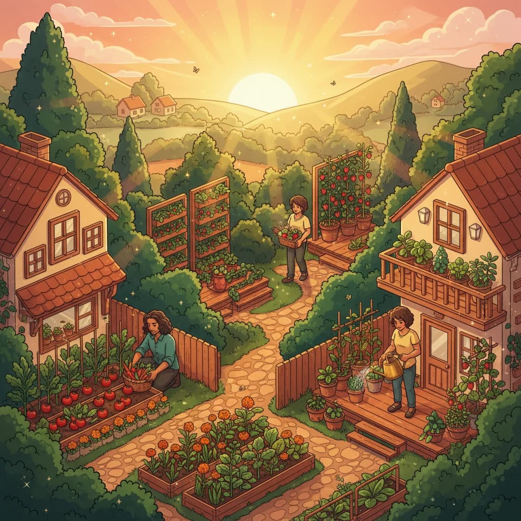 A street of homes with food growing on balconies, decks and in front gardens at sunrise