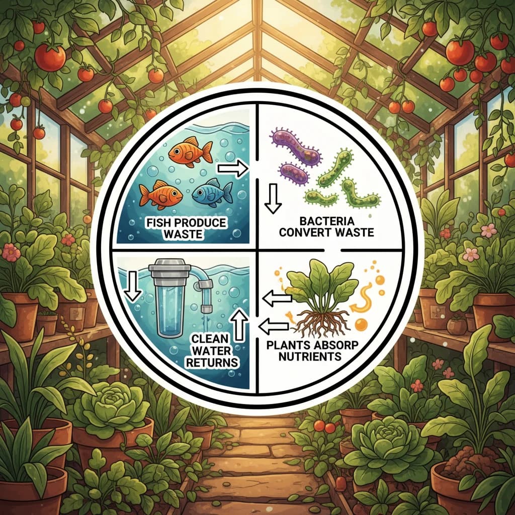 A diagram showing the aquaponic cycle — fish produce waste, bacteria convert it, plants absorb it, clean water returns to fish