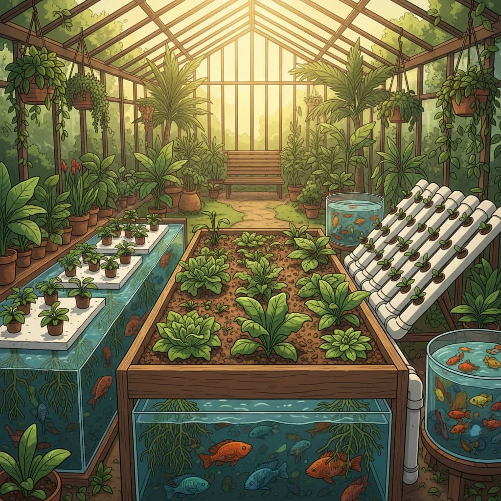 Three different aquaponic system designs shown in a greenhouse setting