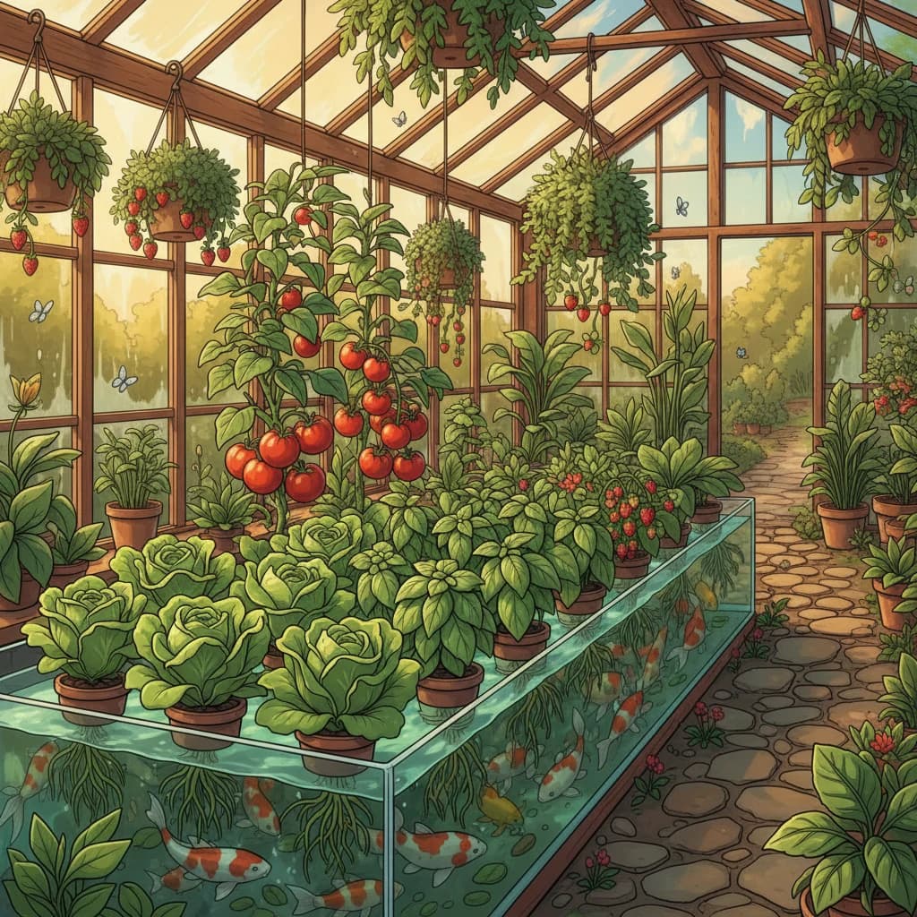 Thriving aquaponic plants: lush lettuce, basil, tomatoes, and strawberries above a fish tank