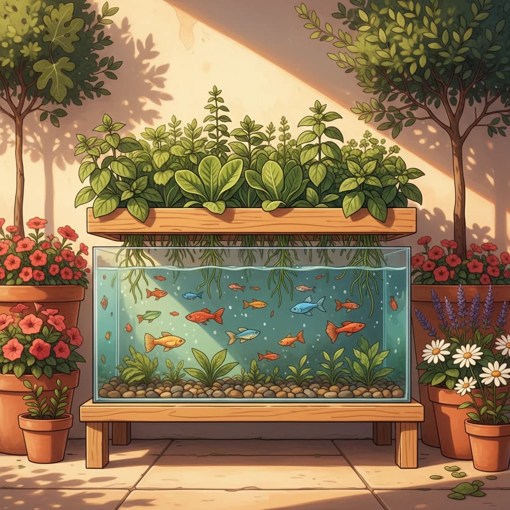 A productive small aquaponic system in a sunny garden corner with fish and thriving plants