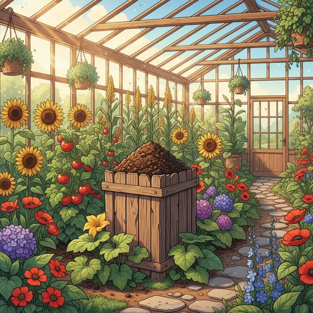 A garden compost bin surrounded by lush plants and rich dark compost