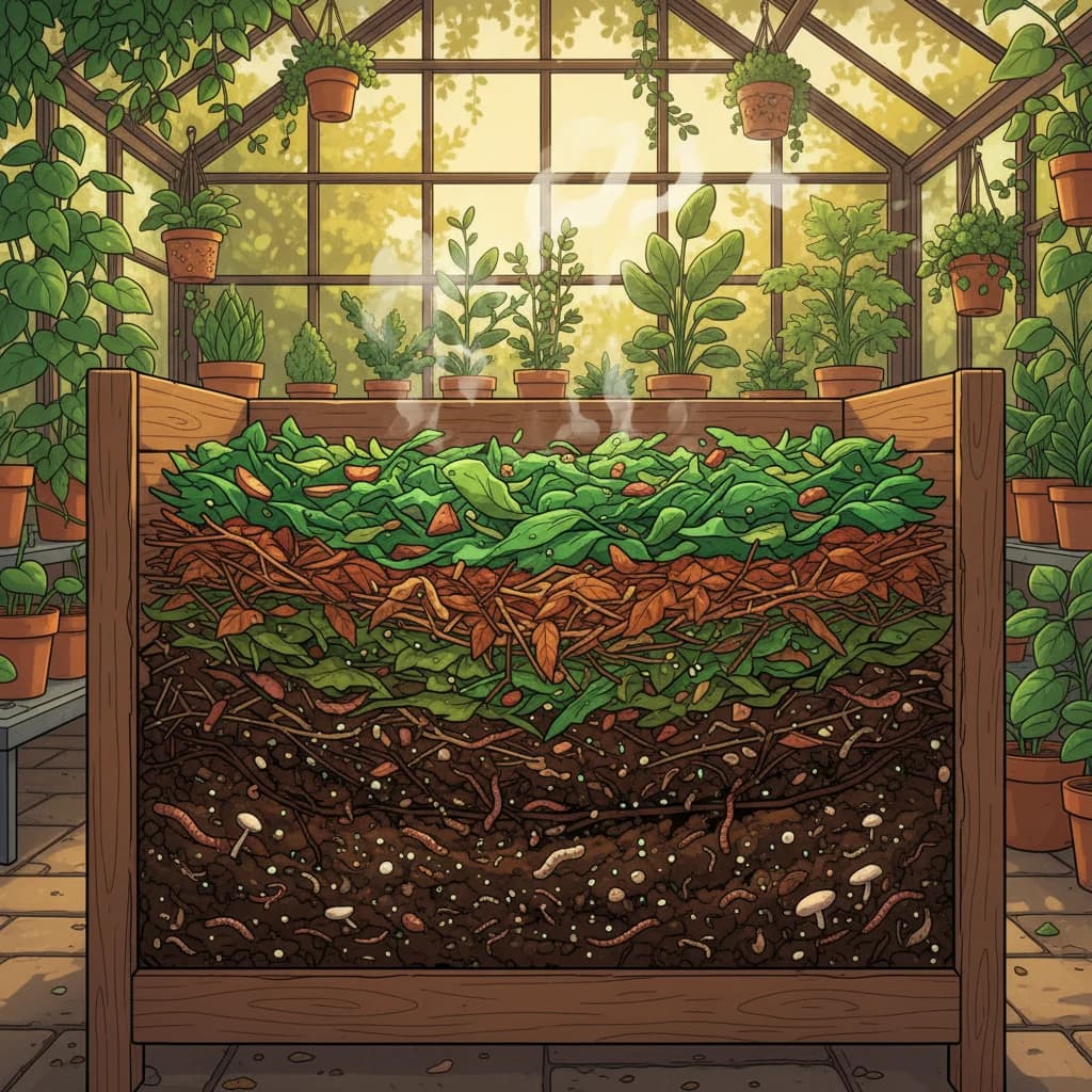Layers of compost materials — green kitchen scraps and brown leaves in alternating layers