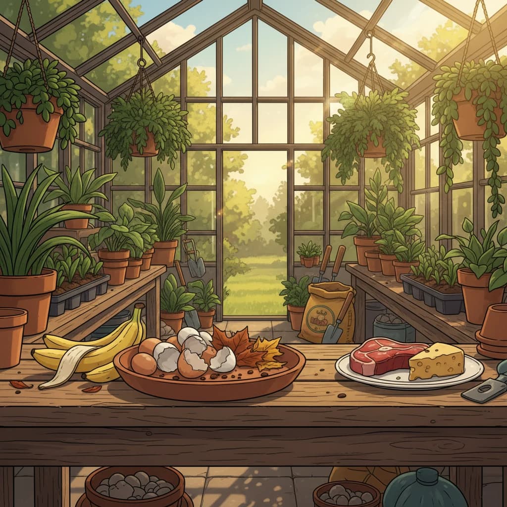 A clear visual guide showing compostable vs non-compostable items on a garden table
