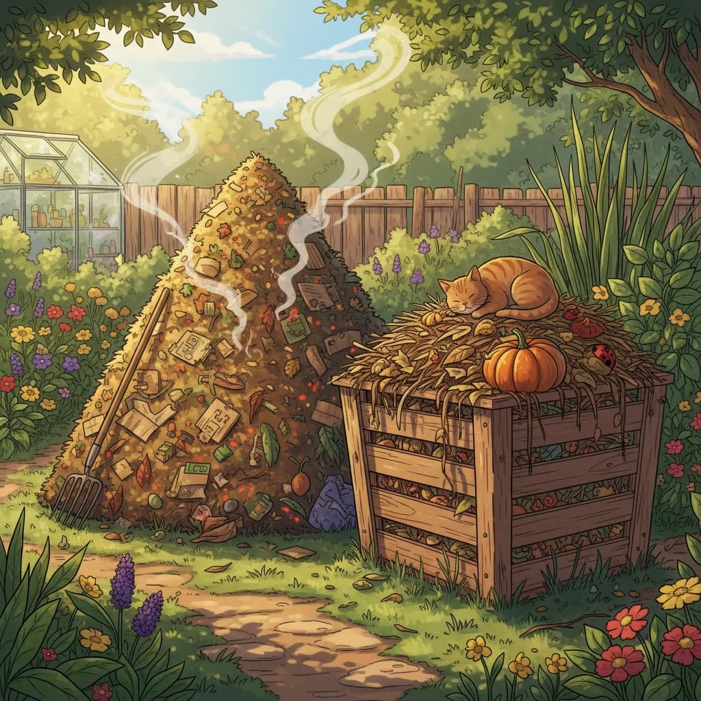 Two composting methods side by side — a steaming hot compost pile and a relaxed cold bin