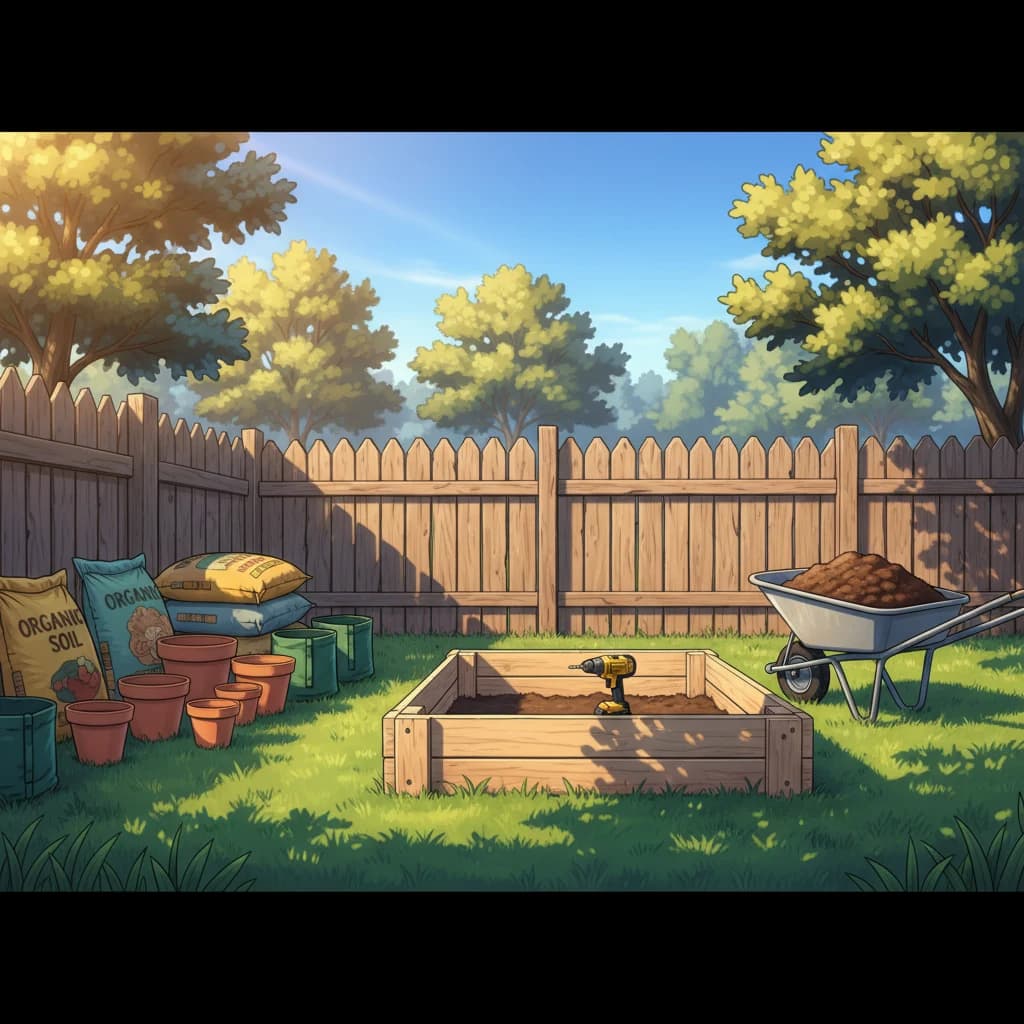 A garden in progress — a raised bed being constructed, containers being arranged, and soil being prepared