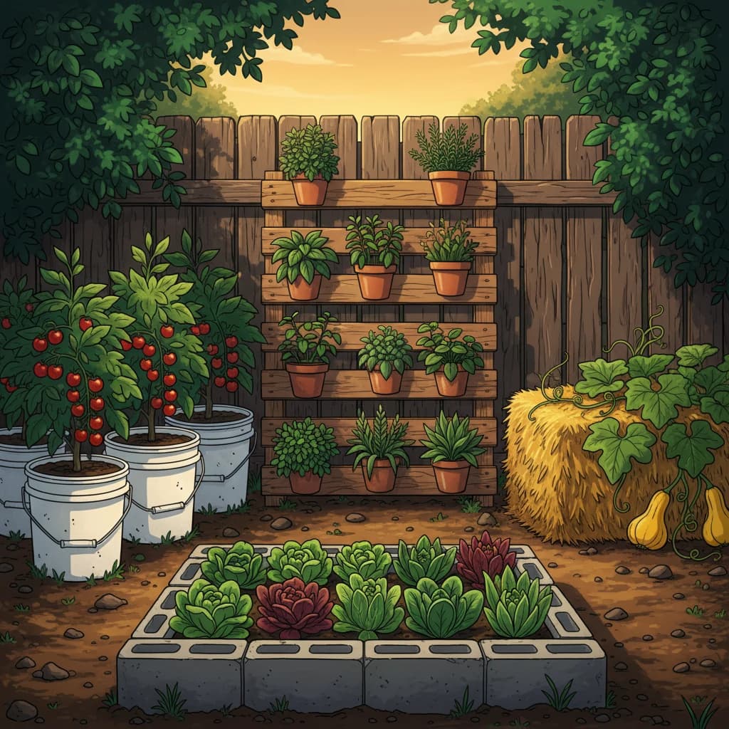 A creative budget garden using repurposed materials — pallets, buckets, and salvaged lumber