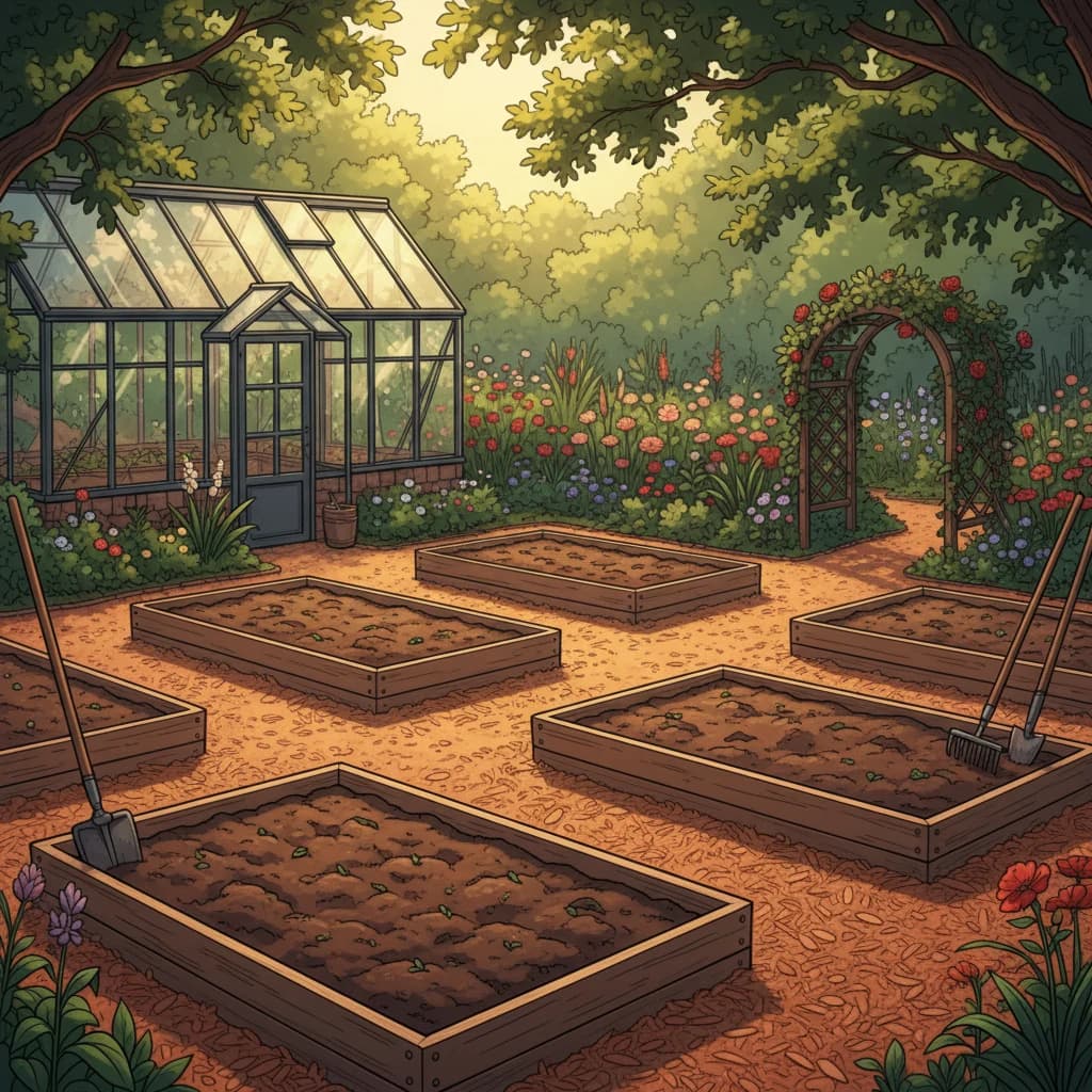 A completed garden setup ready for planting: beds filled, containers arranged, paths mulched