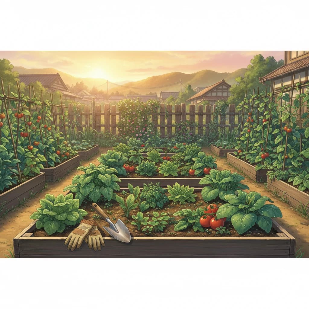 A peaceful morning garden with dew on leaves and warm sunrise light