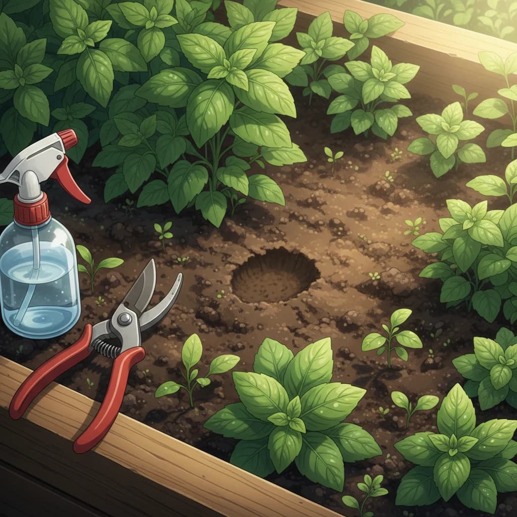 A morning garden check: moist soil, healthy leaves, tools ready nearby