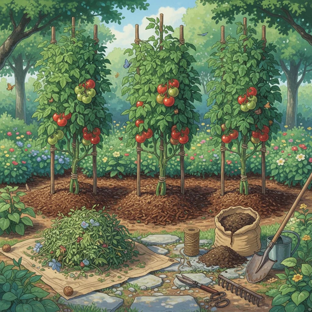 Weekend garden care: fresh mulch, pulled weeds, tomatoes tied to stakes