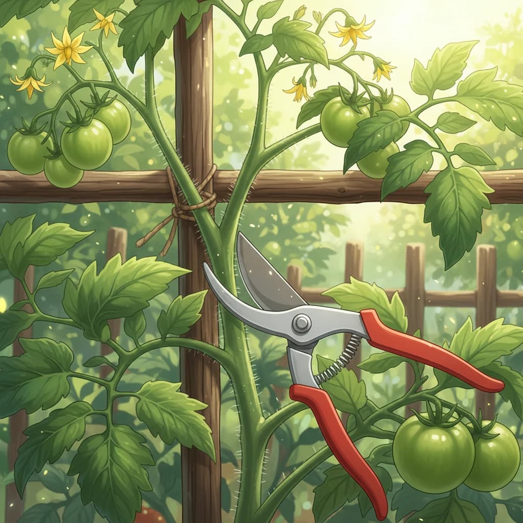 Close-up of tomato plant pruning: removing suckers and tying to a stake