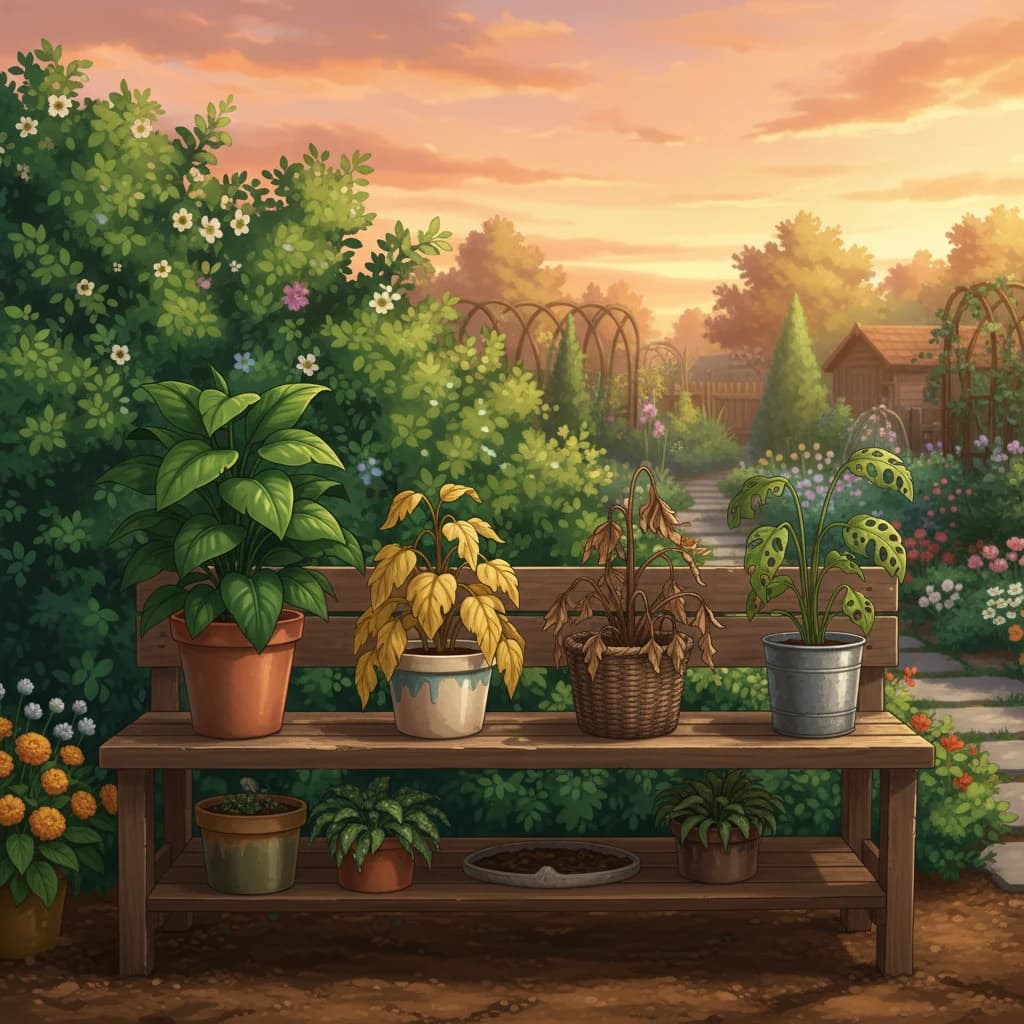 A series of plant signals: healthy growth, nutrient deficiency, water stress, and pest damage