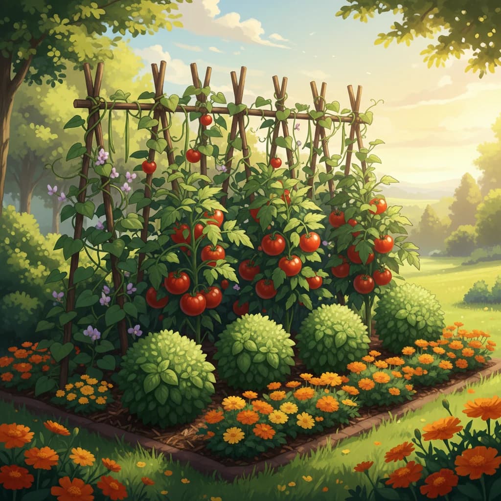 A diverse companion planting garden with tomatoes, basil, marigolds, and beans growing together