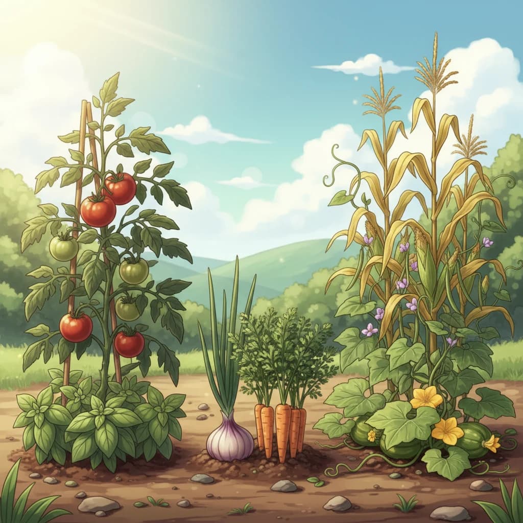 Proven companion planting pairs growing together: tomato and basil, carrot and onion, corn beans and squash