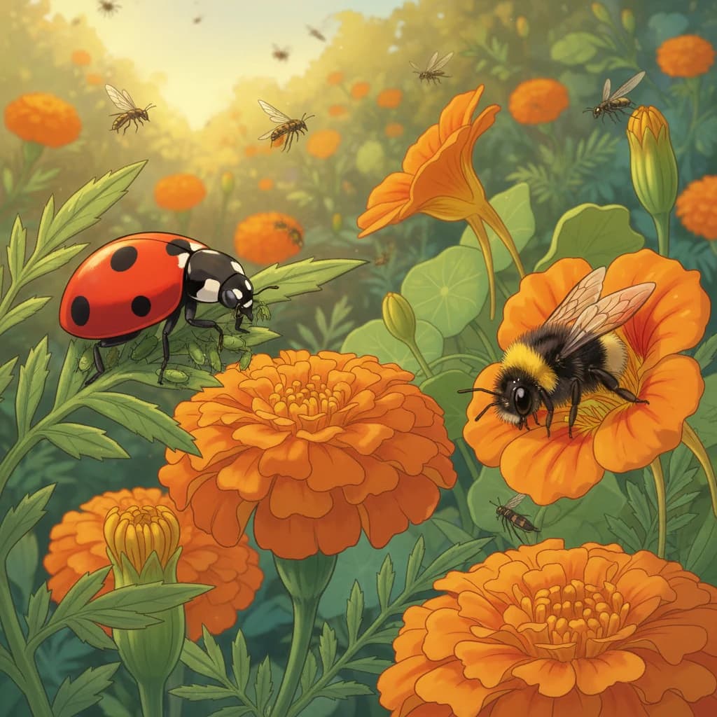 Beneficial insects in a companion planted garden: ladybugs eating aphids near marigolds