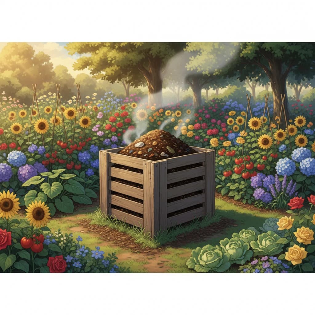 A thriving compost bin in a garden corner with steam rising from active decomposition