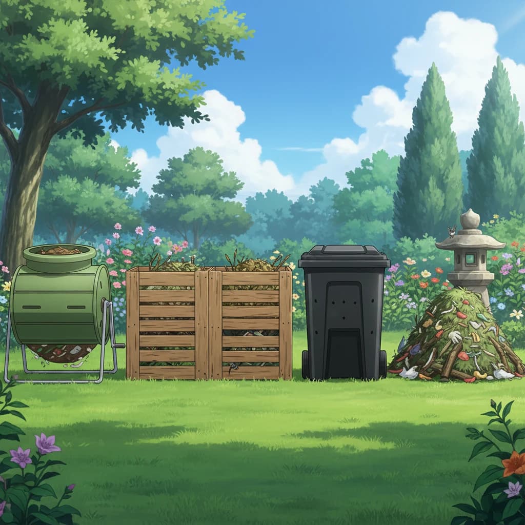 Different compost bin types: tumbler, pallet bin, plastic bin, and open pile in a garden