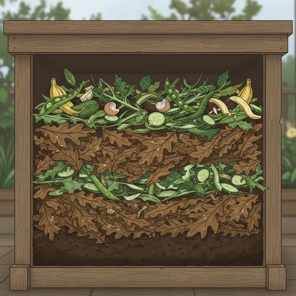 A visual recipe showing the layering of greens and browns with moisture and air