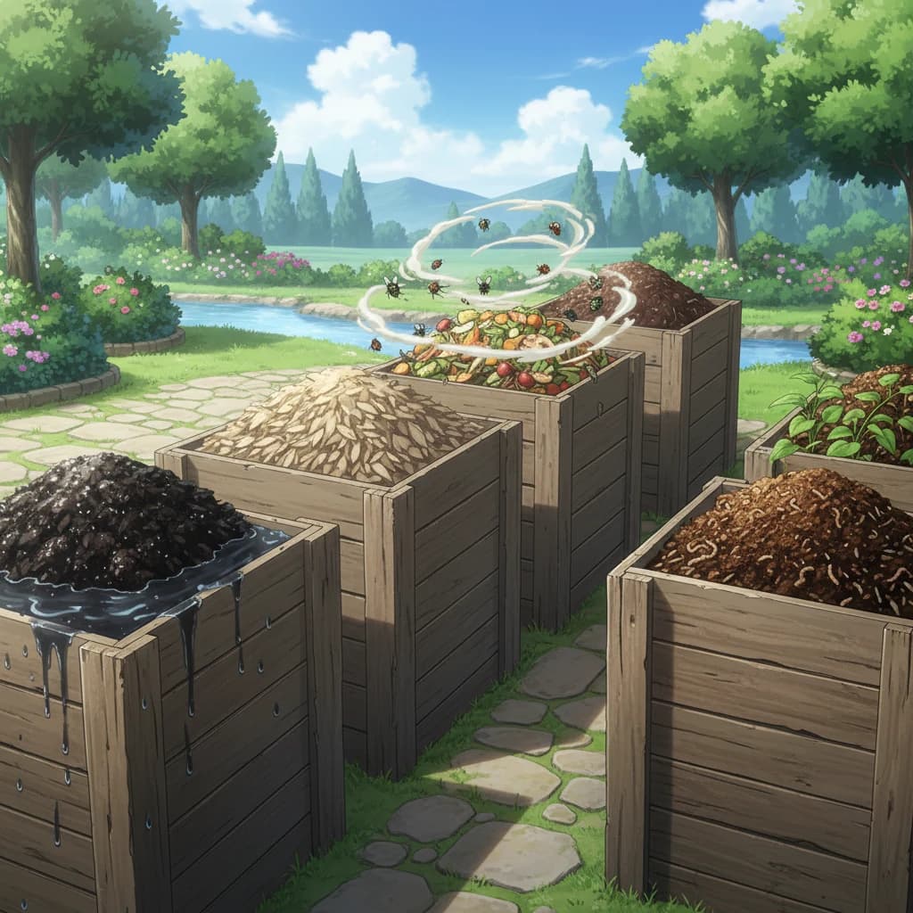 A visual troubleshooting guide for compost problems: too wet, too dry, smelly, and not decomposing