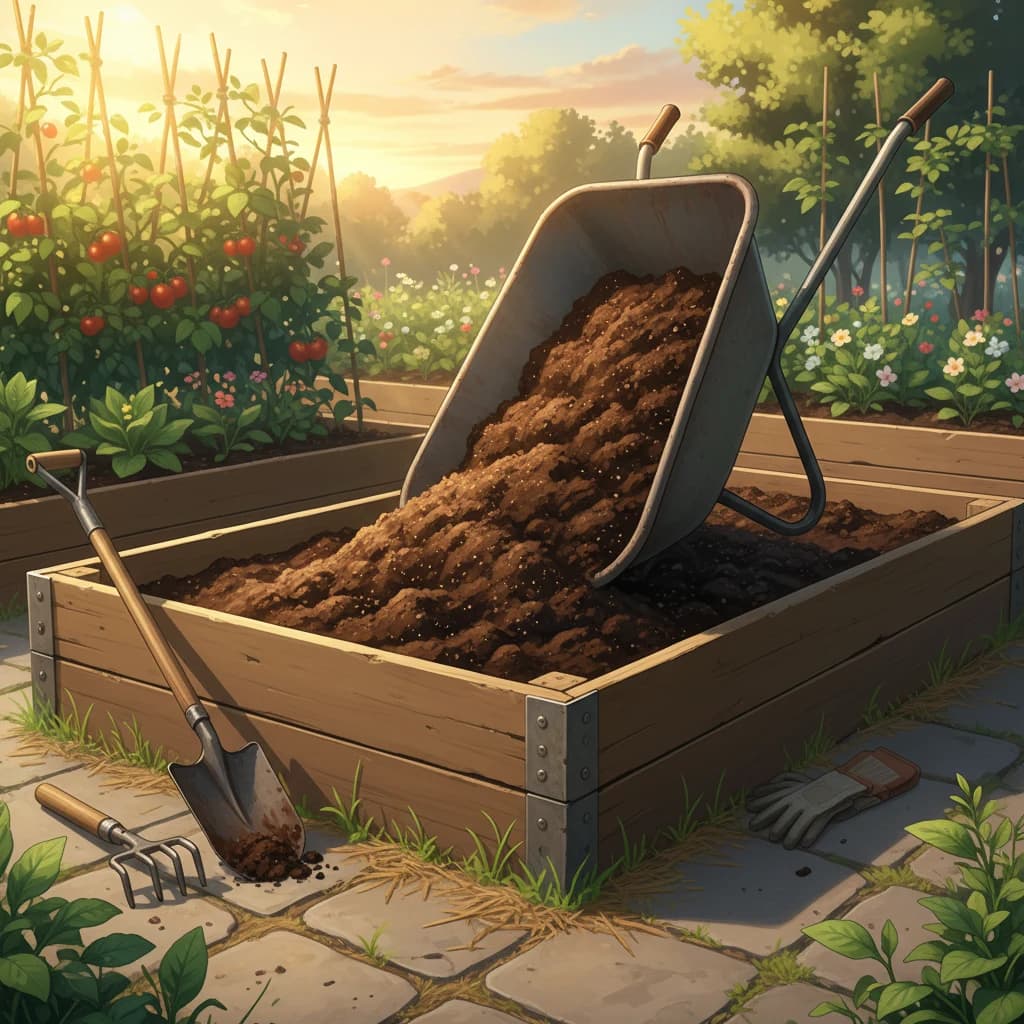 Dark crumbly finished compost being sifted and applied to garden beds