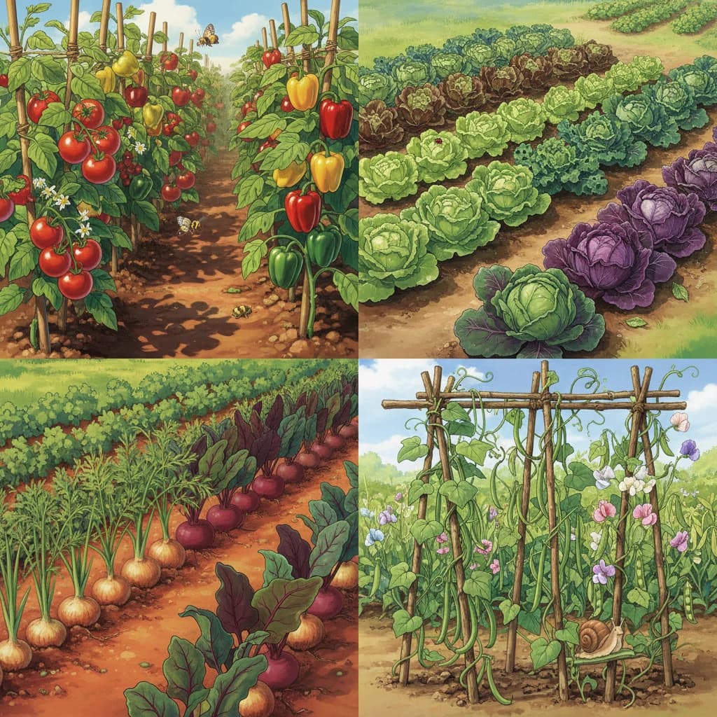 Four plant family groups shown visually: leafy greens, fruiting crops, root vegetables, and legumes