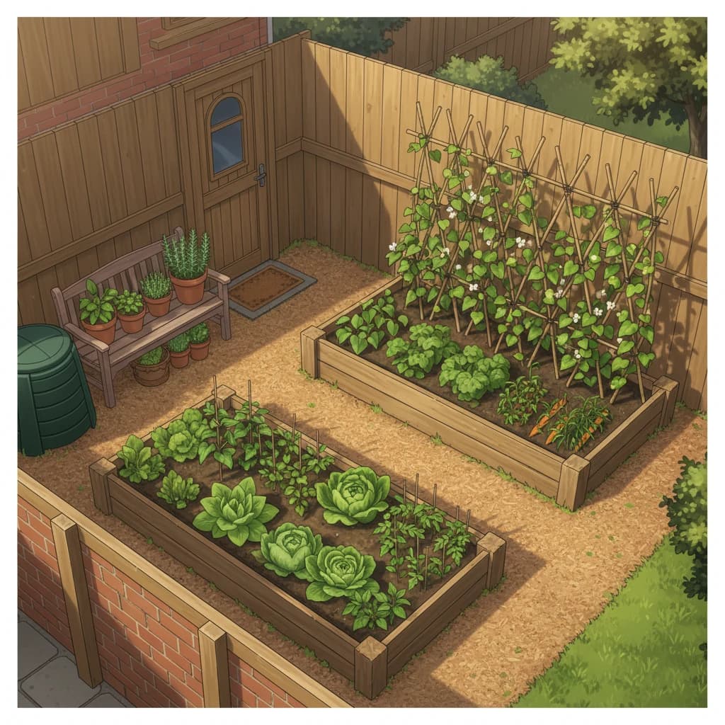 A complete small yard garden layout with labeled zones, beds, and pathways