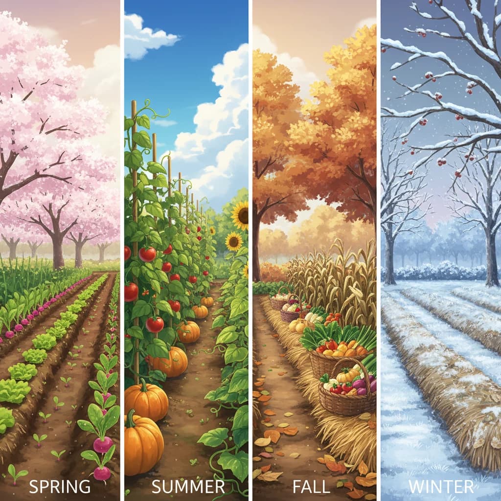 A seasonal garden planning calendar showing what to plant when throughout the year
