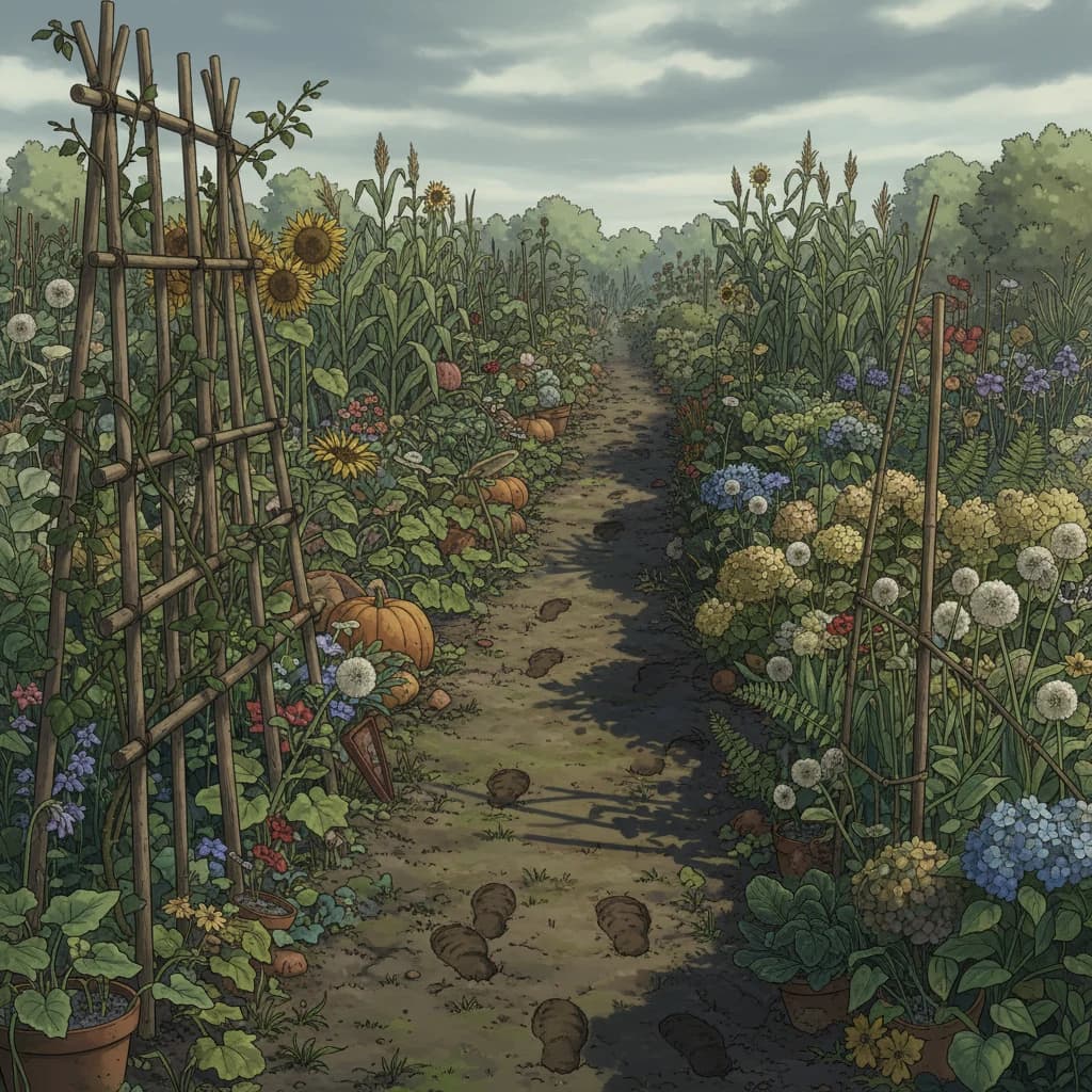 A visual of garden layout mistakes: overcrowding, poor path access, and shading issues