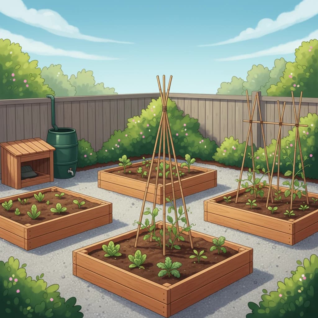 A completed garden design coming to life with young plants beginning to grow