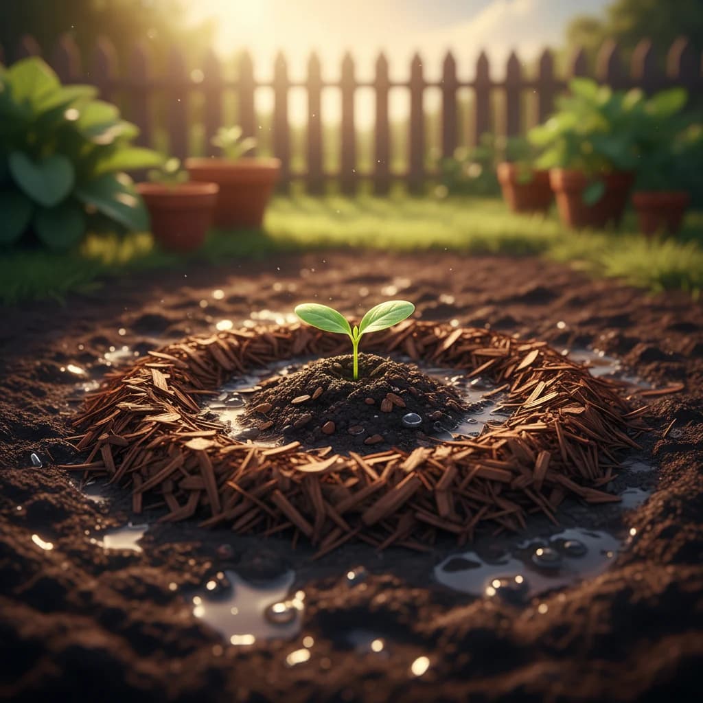 A freshly transplanted seedling being watered and mulched in a garden bed