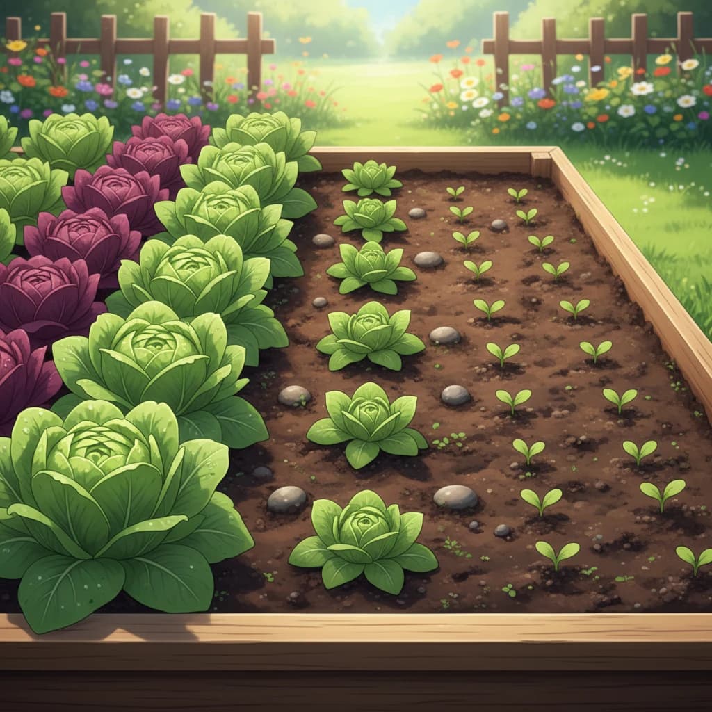 Multiple plantings of lettuce at different growth stages showing staggered harvests