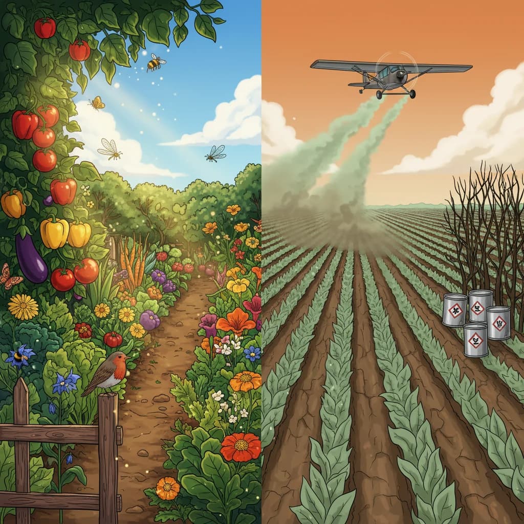 Side-by-side: a natural garden ecosystem vs industrial farm with chemical spraying
