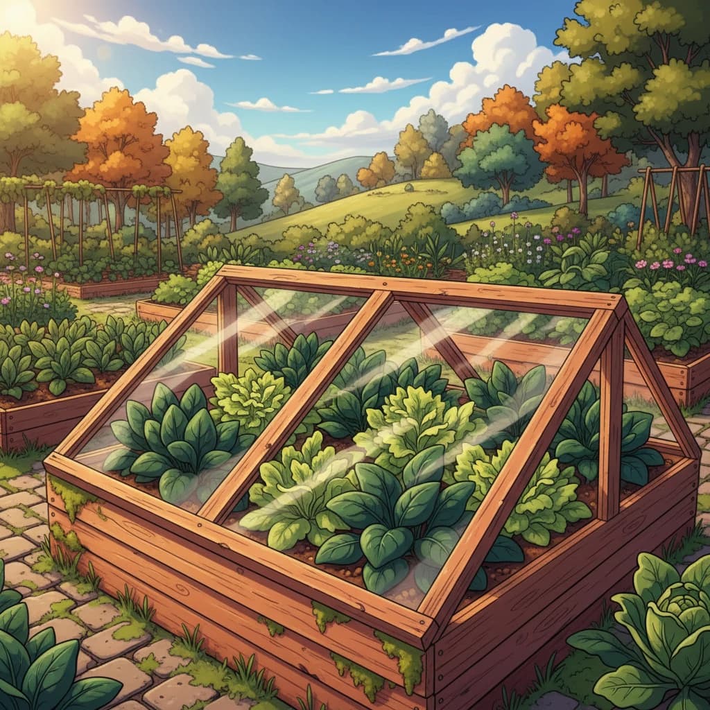 A wooden cold frame with a glass lid growing lettuce and spinach in cool weather