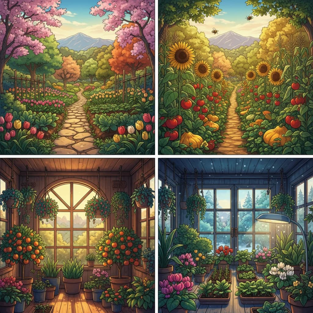 A year-round growing calendar showing outdoor and indoor production throughout all seasons