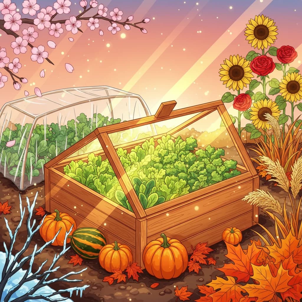A thriving garden through all four seasons: spring, summer, fall, and winter growing
