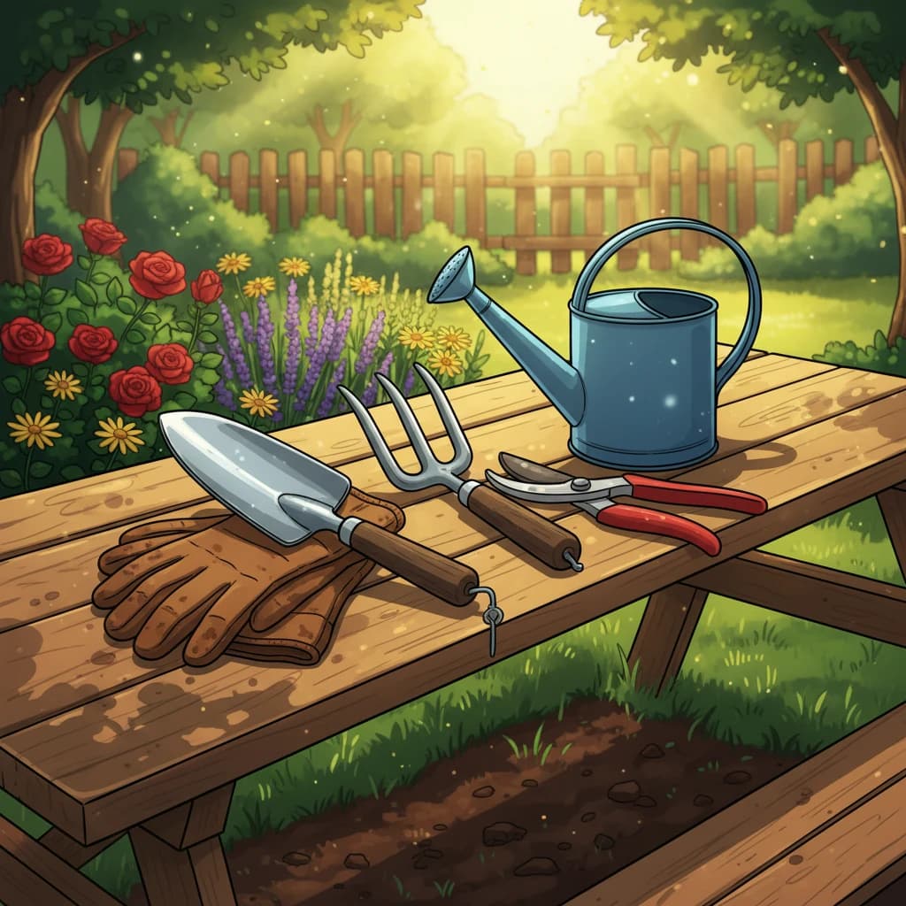 A small collection of essential gardening tools laid out neatly