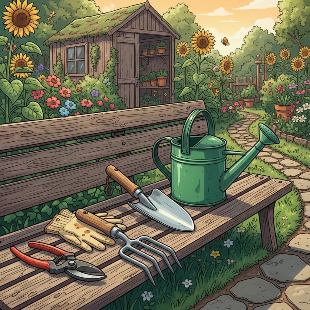Les cinq outils essentiels : transplantoir, arrosoir, sécateur, gants, griffe